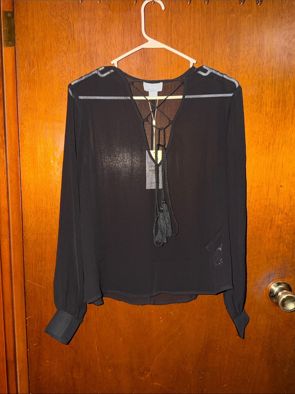 Finders Keepers Black Sheer Lace-Up Long Sleeve Blouse